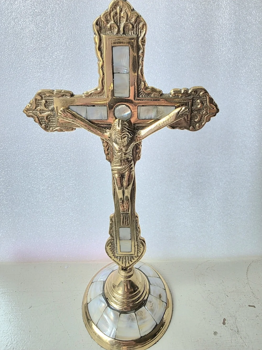 Vintage Brass & Mother of Pearl Standing Crucifix - Altar Tabletop Cross, 10